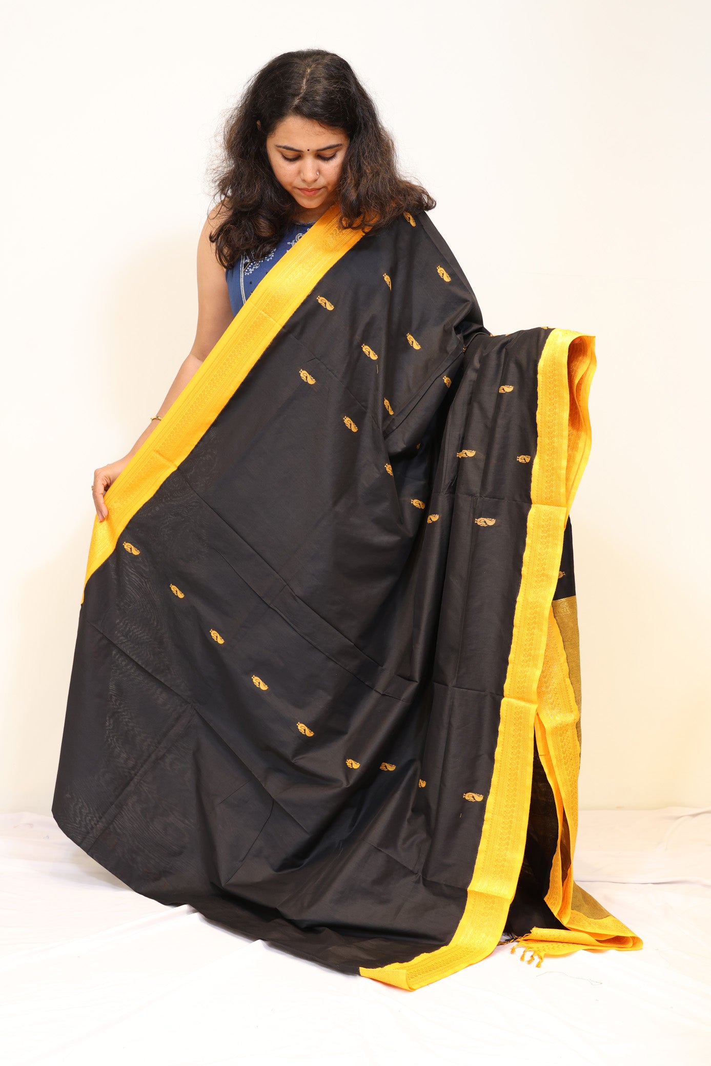 Black Kalyani Cotton Saree with Mustard Yellow Border