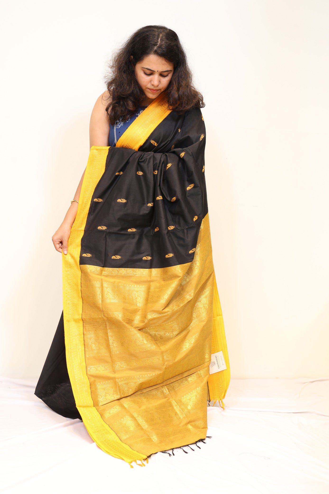 Black Kalyani Cotton Saree with Mustard Yellow Border