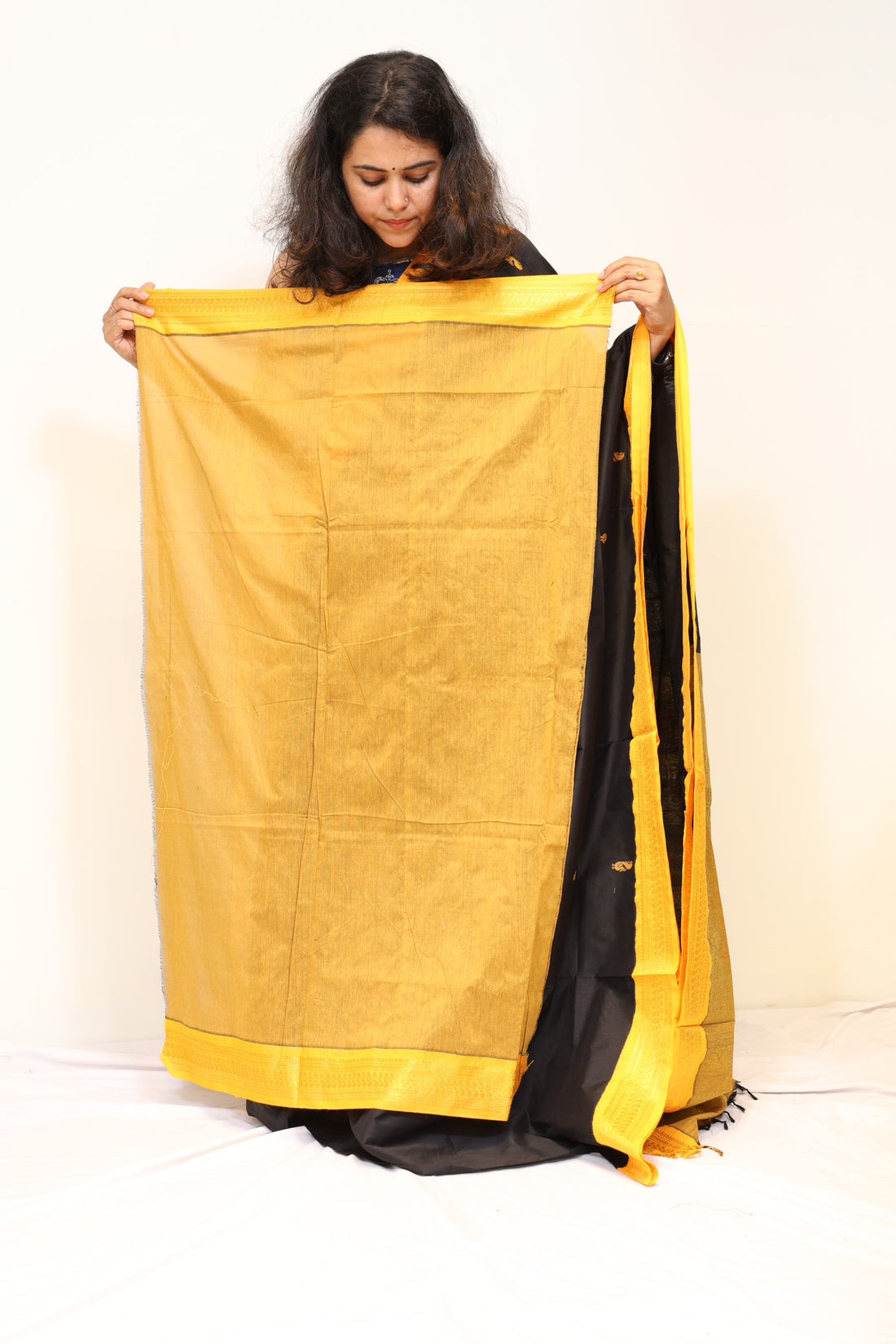 Black Kalyani Cotton Saree with Mustard Yellow Border
