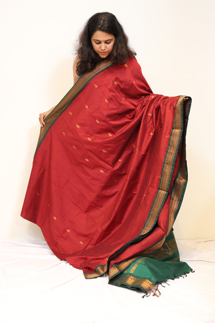 Maroon Kalyani  Cotton Saree with Green and Gold Zari Border