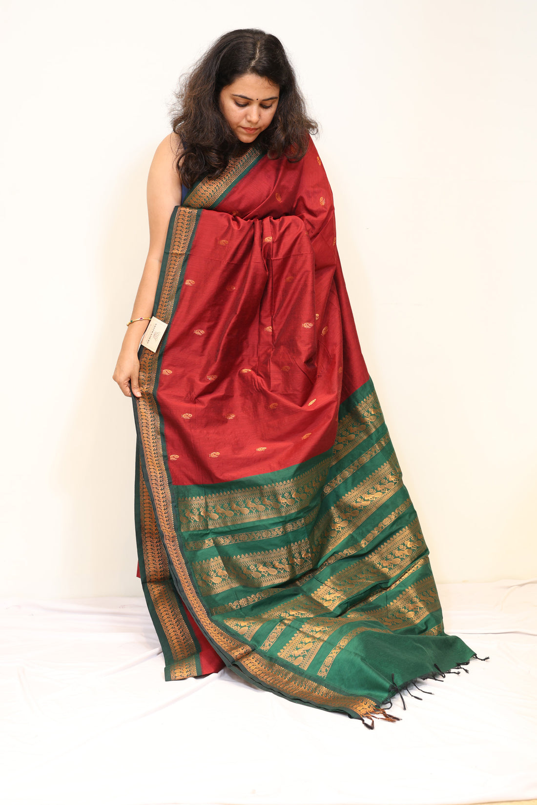 Maroon Kalyani  Cotton Saree with Green and Gold Zari Border
