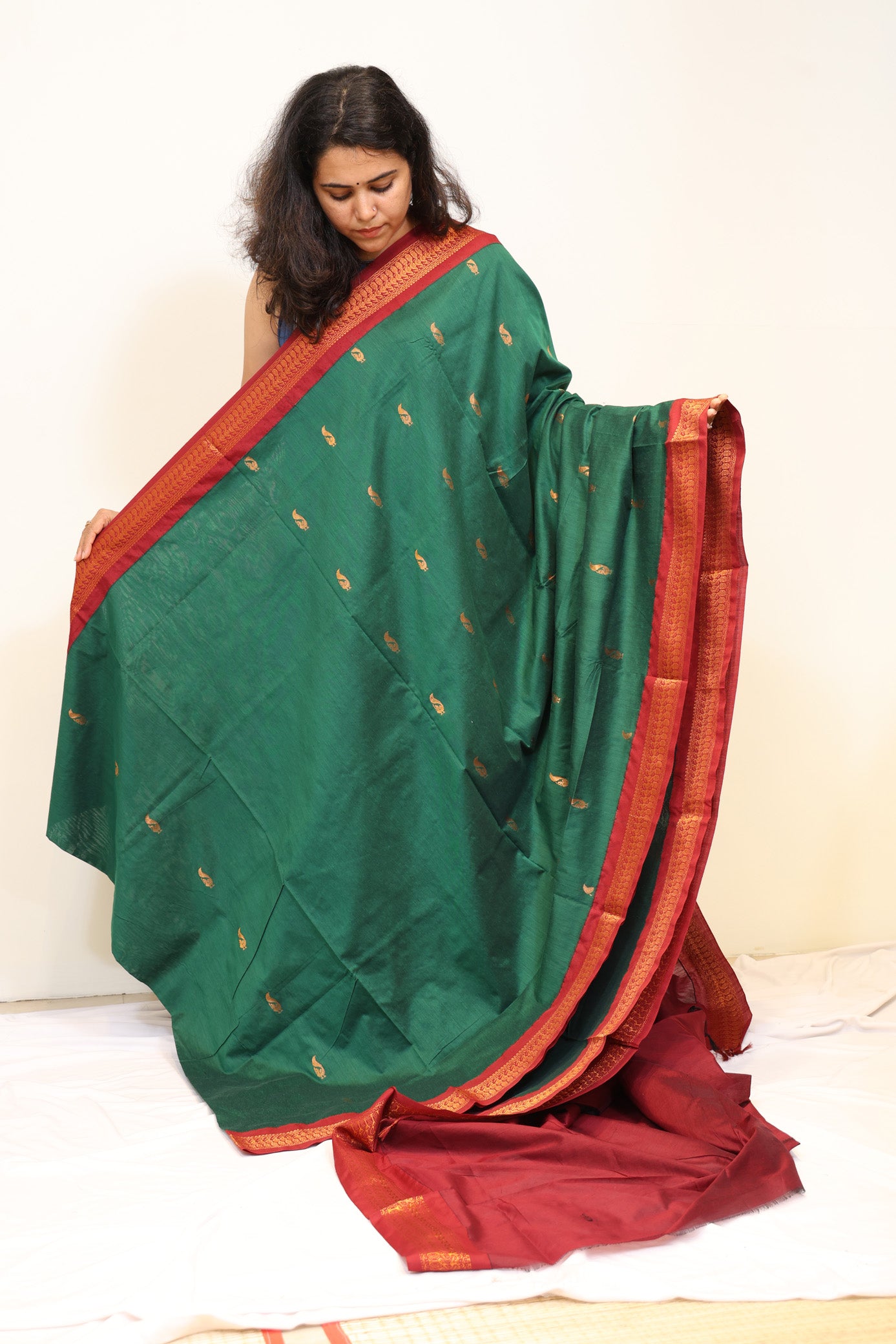 Bottle Green Kalyani Cotton Saree with Maroon and Gold Zari Border
