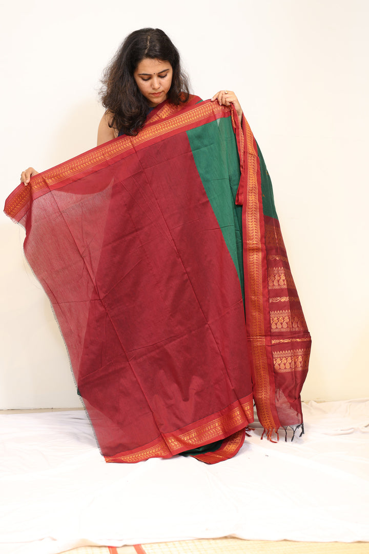Bottle Green Kalyani Cotton Saree with Maroon and Gold Zari Border