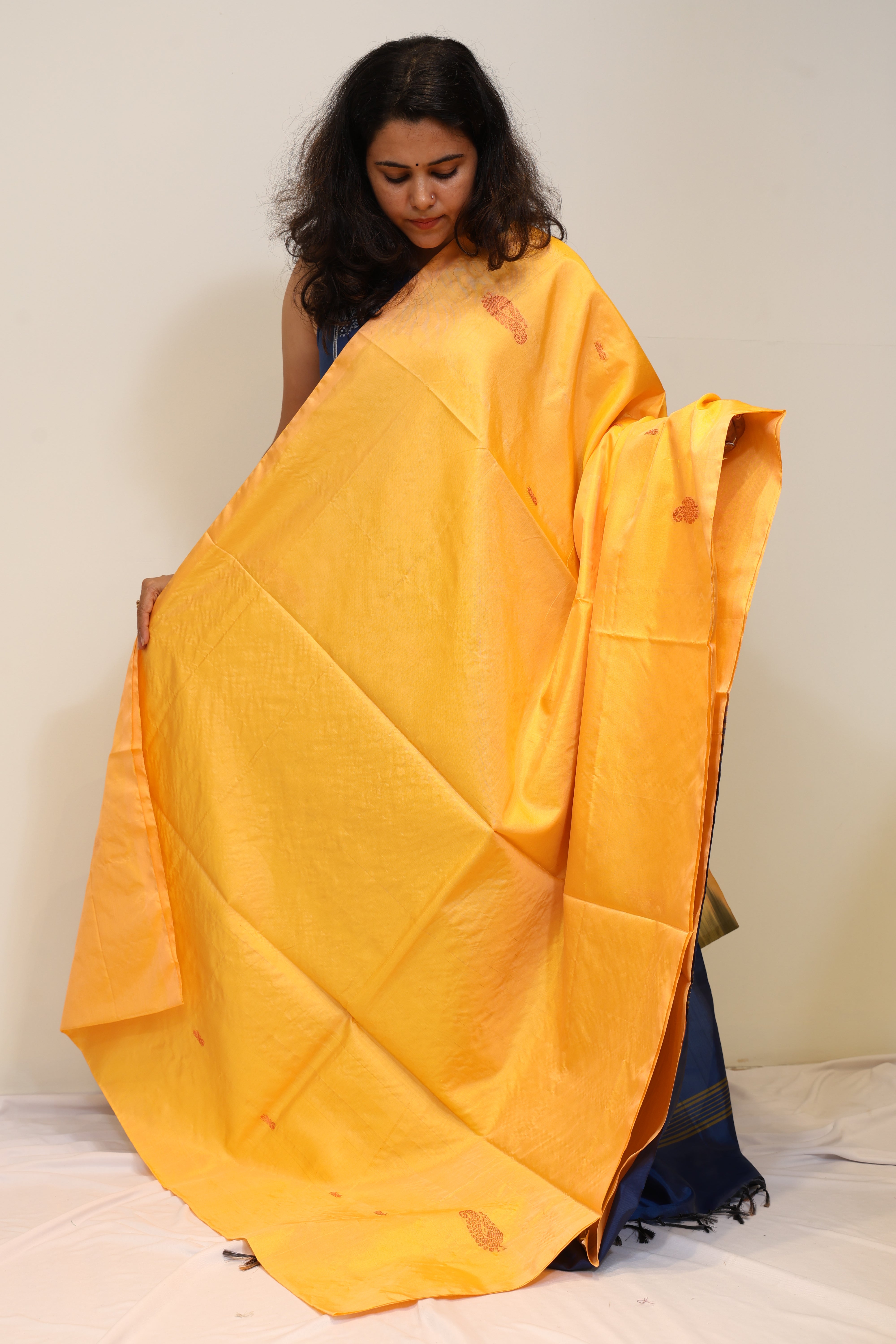 Mustard Yellow Pure Banapith Saree with Royal Blue Contrast Pallu