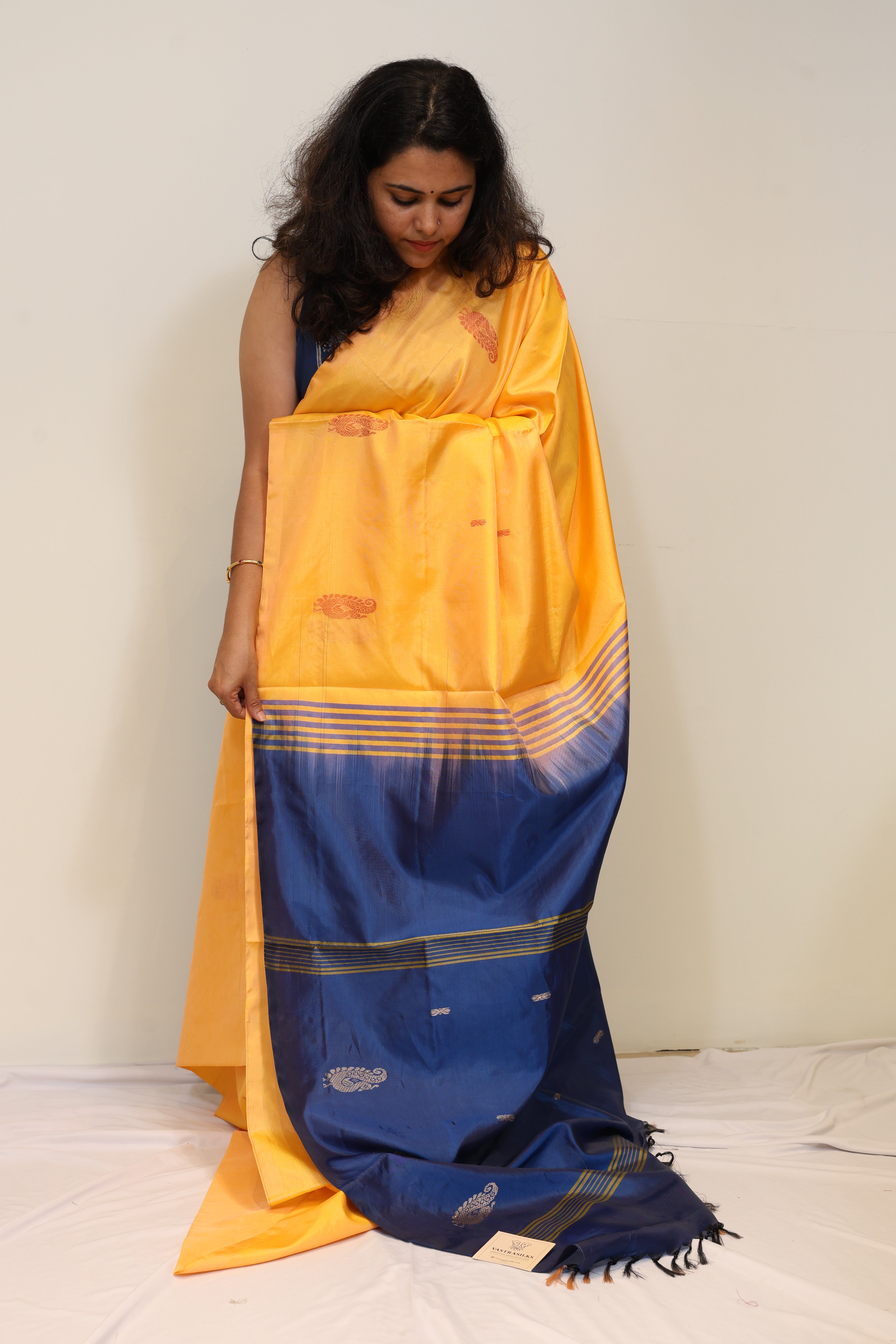 Mustard Yellow Pure Banapith Saree with Royal Blue Contrast Pallu