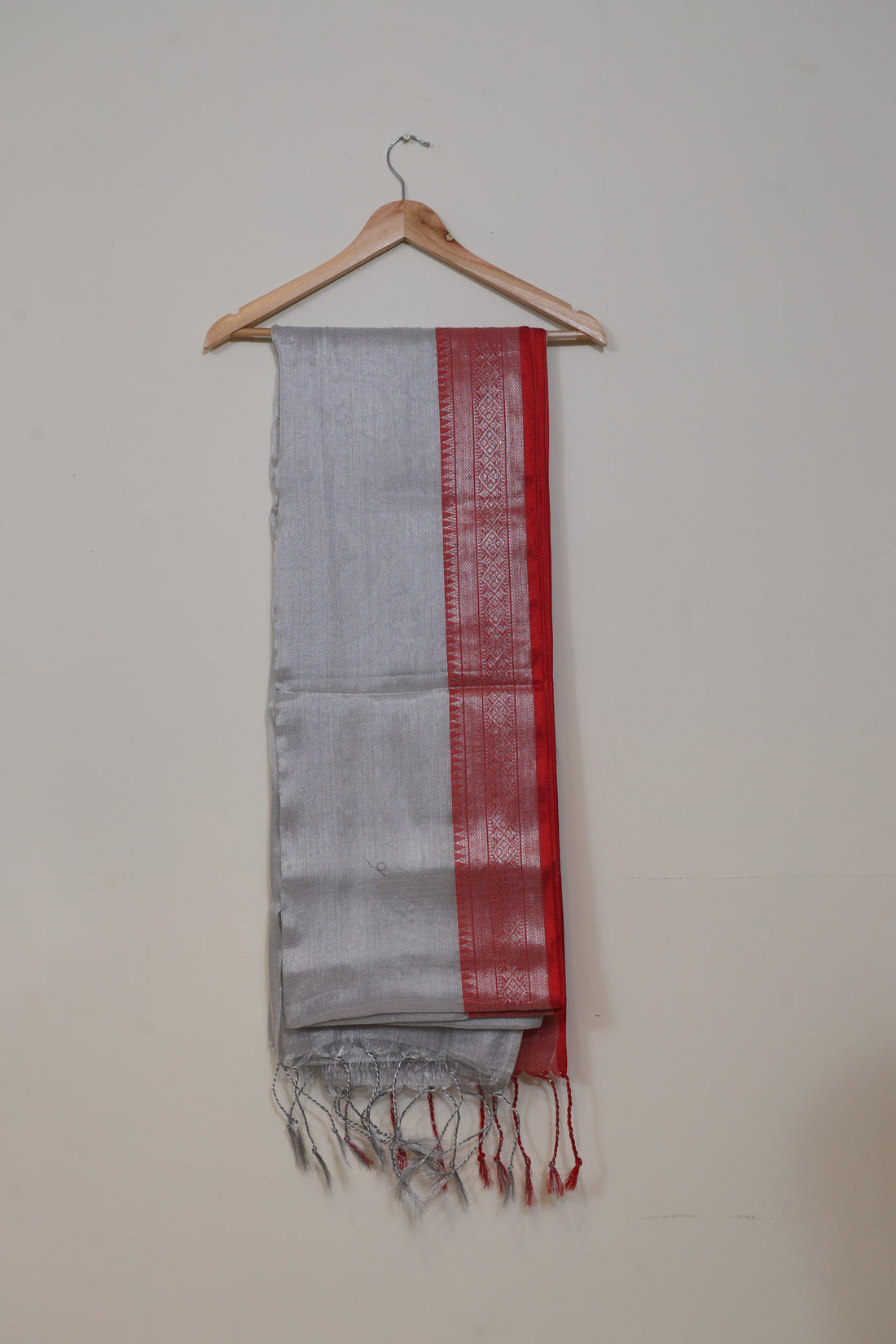 Silver Grey Tissue Cotton Saree with Red Zari Border