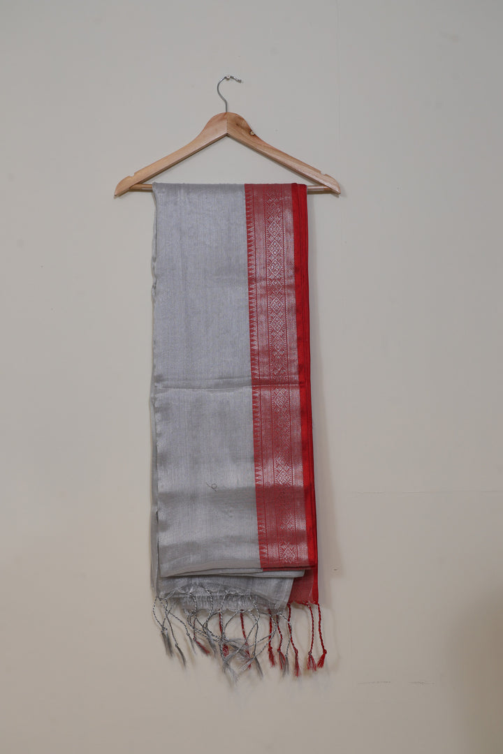 Silver Grey Tissue Cotton Saree with Red Zari Border