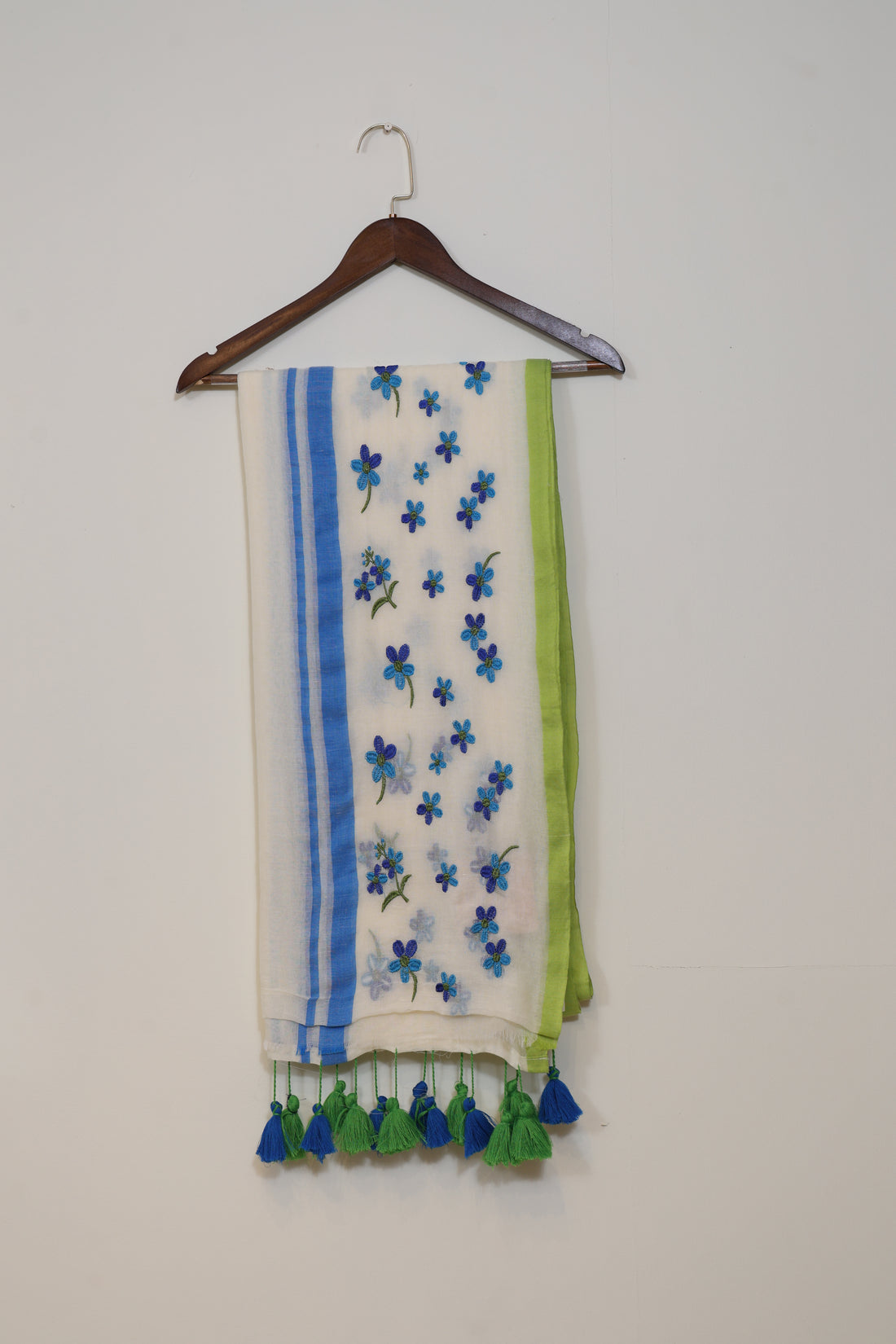 Cream Mul Cotton Saree with Blue Floral Embroidery and Green, Blue Tassels