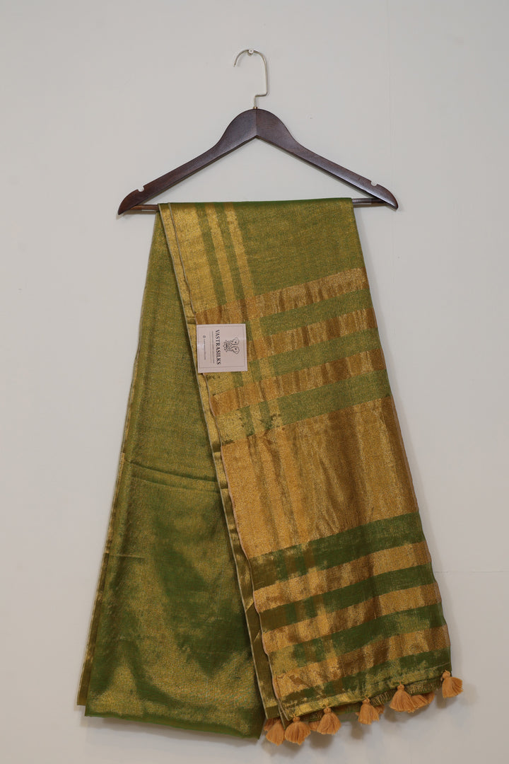 Olive Green and Golden Tissue Cotton Saree
